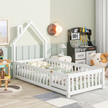 Twin House-Shaped Headboard Floor Bed with Fence,White - $275.54