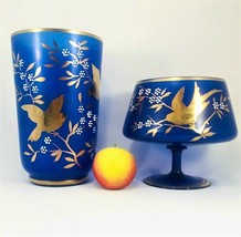 Czech Bohemian Crystal Rich Blue Gold Enamel Frosted Glass Garniture Of 2 Vases. - £239.09 GBP