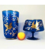 Czech Bohemian Crystal Rich Blue Gold Enamel Frosted Glass Garniture Of ... - £238.47 GBP