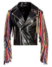 Women&#39;s Black Genuine Leather Multi Color Fringes Silver Studded Biker Jacket - £220.53 GBP