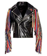 Women&#39;s Black Genuine Leather Multi Color Fringes Silver Studded Biker J... - €232,88 EUR