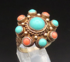 CHINESE 925 Silver - Vintage Antique Floral Turquoise &amp; Coral Ring Sz 8- RG25254 - £68.06 GBP