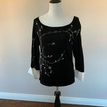 LA MAISON BLUE black silk blend knit top with white cuffs and beading SZ 12 - £69.62 GBP