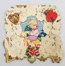 Whitney Made Die Cut Embossed Laced Child w/Scooter Valentine Card Worce... - $12.19