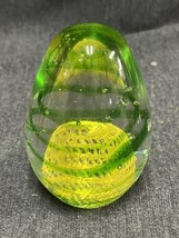 Art Glass Egg 3 1/2” Paperweight Clear w/ Yellow Green Spiral Swirl Design - £14.89 GBP