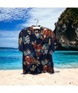 Vintage Neiman Marcus Men&#39;s Blue Tropical Palm Leaf Hawaiian Shirt Mediu... - $23.75