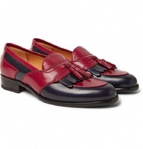Hand Stitched Men Two Tone Apron Toe Tassel Loafer Slip Ons Leather Shoes - £117.70 GBP+