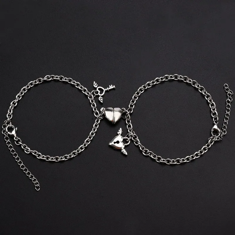 2Pcs Heart Magnet Bracelet for Lovers Stainless Steel Angel Wing Lock Couple Bra - £14.85 GBP