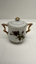 Vintage Small Porcelain Sugar Bowl w/Lid Rose Pattern w/Gold Tone Trim - $19.75