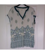 Soma Teal White Boho Paisley Tunic Top Split Neck Short Sleeve Size XL - $25.91 CAD