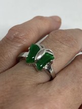 Vintage Green Jade Ring Silver Rhodium Size 7.5 - £35.60 GBP
