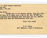 New York City Transit Authority Postcard 1956 Emergency Meal Allowance - $17.82