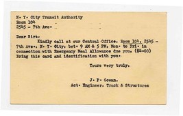 New York City Transit Authority Postcard 1956 Emergency Meal Allowance - £13.96 GBP