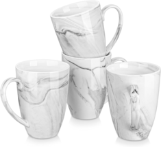 Coffee Mugs Set of 4, Porcelain 16 OZ Mugs Set, Marble Grey Ceramic Cups with Ha - £35.78 GBP