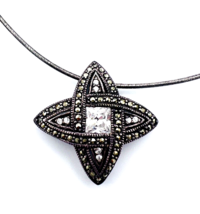 Vintage Signed KC Crystal Marcasite Pendant Round Omega Chain Necklace - £36.40 GBP