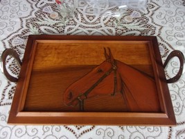 Vintage Wooden Serving Tray With Carved Horse Head &amp; Chrome Horse Shoe Handles - £93.41 GBP