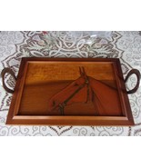 VINTAGE WOODEN SERVING TRAY WITH CARVED HORSE HEAD & CHROME HORSE SHOE HANDLES - $116.88