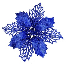 24 Pcs Christmas Blue Glittered Mesh Holly Leaf Artificial Poinsettia Flowers Pi - £27.25 GBP