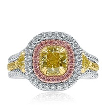 GIA Certified 2.18 Ct Cushion Natural Fancy Yellow Diamond Ring 18k White Gold - £7,912.83 GBP