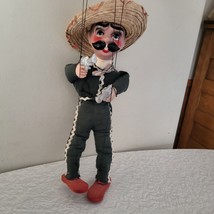 Vintage Mexican Folk Art String Puppet Guns Marionette 1960&#39;s Sombrero Bandito - £31.28 GBP