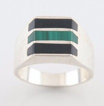 Vintage Mexican Sterling Silver Ring with Malachite &amp; Onyx (Size 11) Taxco TF-83 - £136.28 GBP