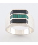 Vintage Mexican Sterling Silver Ring with Malachite &amp; Onyx (Size 11) Tax... - £136.23 GBP
