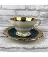 Lindner Kueps Bavaria Green &amp; Gold Gilt Demitasse Cup Saucer Vintage - £56.83 GBP