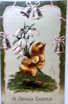 Easter Postcard Joyous Baby Chick Bells Flowers EAS Germany Embossed Vintage - £4.11 GBP