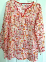J Jill M Featherweight Cotton Orange/Pink Palm Tree Print Tunic Top Crui... - $16.00