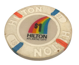 Hilton Atlantic City $1.00 Clay Poker Chip White Rainbow Blackjack Craps Roulett - £3.18 GBP