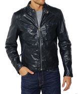 Men Leather Jacket Black Slim fit Biker Motorcycle Genuine Lambskin Jacket MJ076 - $117.50