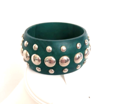 Women&#39;s  Bangle Bracelet Dark Green Jade with Silver Color Studs 1.5 in ... - $13.86