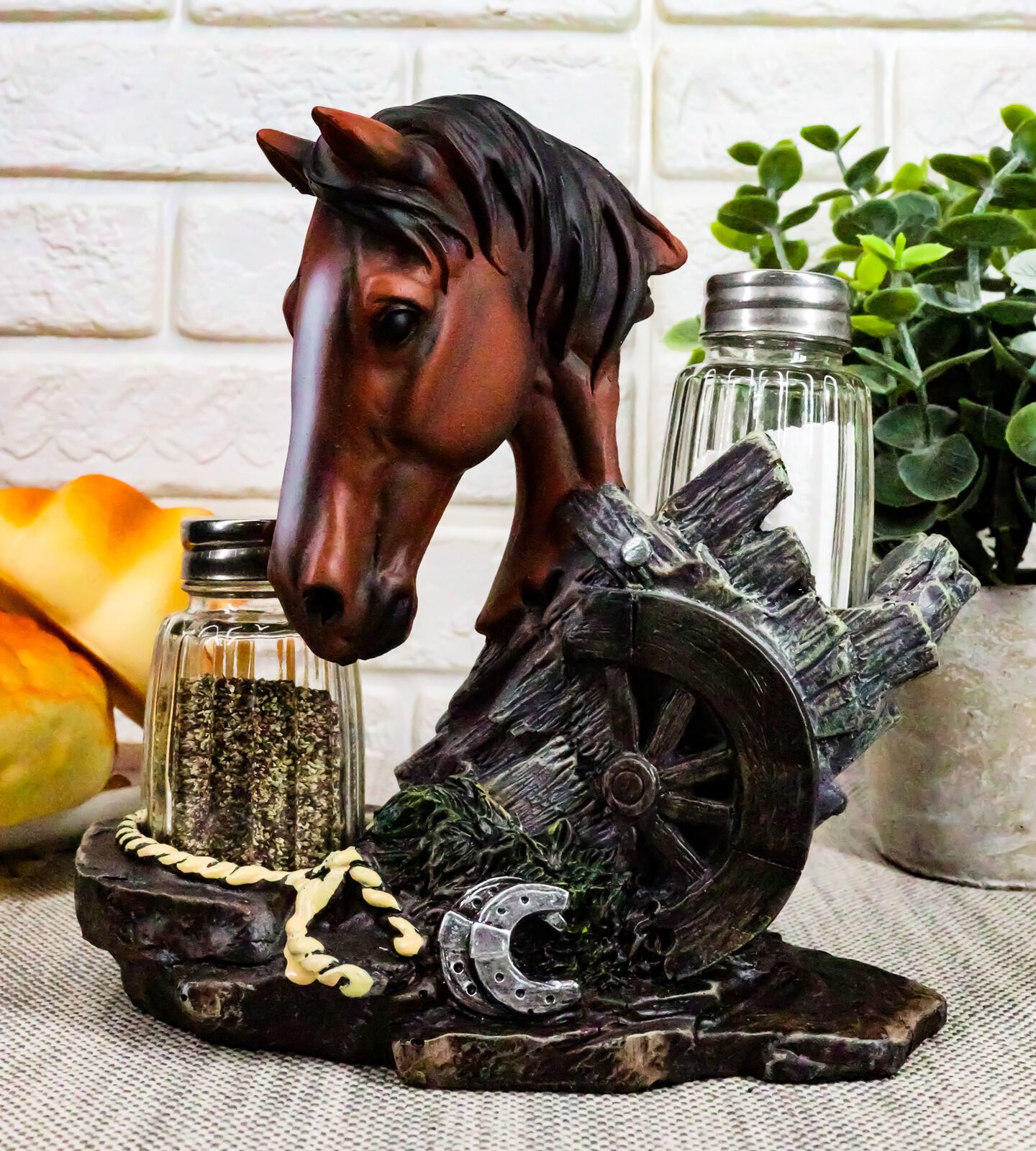 Ebros Chestnut Horse by Wagon Wheel Salt Pepper Shakers Holder Set 6.25&quot; H - $24.99