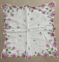 Vintage Pink Cosmos Floral Scalloped Trimmed Hankercheif 12 by 12 inch Fr Estate - £7.51 GBP