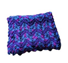 Vintage Handmade Crochet Chevron Purple Blue Afghan Lap Blanket Throw 35&quot;x65&quot; - £15.11 GBP