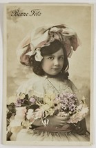 Antique 1900&#39;s Postcard Hand Colored Little Girl Hat and Flowers  - $5.45