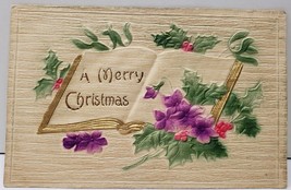 Merry Christmas Embossed Airbrushed Golden Embelleshed Book Holly Postcard D18 - £5.46 GBP