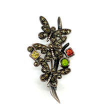 vtg silver 925 marcasite 3 butterfly brooch pin with ruby, peridot and citrine - £44.66 GBP