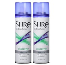 2 PACK SURE Unscented Aerosol Spray Anti-Perspirant Deodorant 6 oz. Last... - $19.58