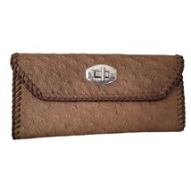 Leather Suede Trifold Wallet Side Stitch Ostrich Woven Edge  - $28.13