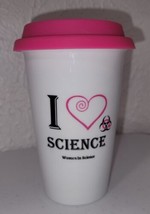 I LOVE SCIENCE Tall Ceramic Coffee Mug / Cup PINK Lid Women in Science S... - $7.59