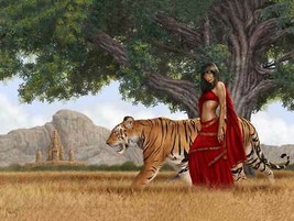 Exotic Desert Friends Tiger and Woman Metal Sign by Mitch Foust - $34.95