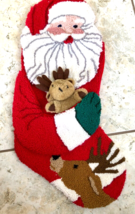 Vintage 3D Santa Reindeer Super Plush Quilted Stocking 20&quot; New NWT Velvet - £23.58 GBP