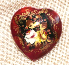 Vintage Hand Painted Russian Lacquer Brooch Red Heart Lapel Pin Floral 2” Signed - £11.77 GBP