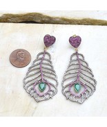 Pave Diamond Red Ruby Green Emerald Feather 925 Solid Silver Earrings Je... - $793.57 CAD