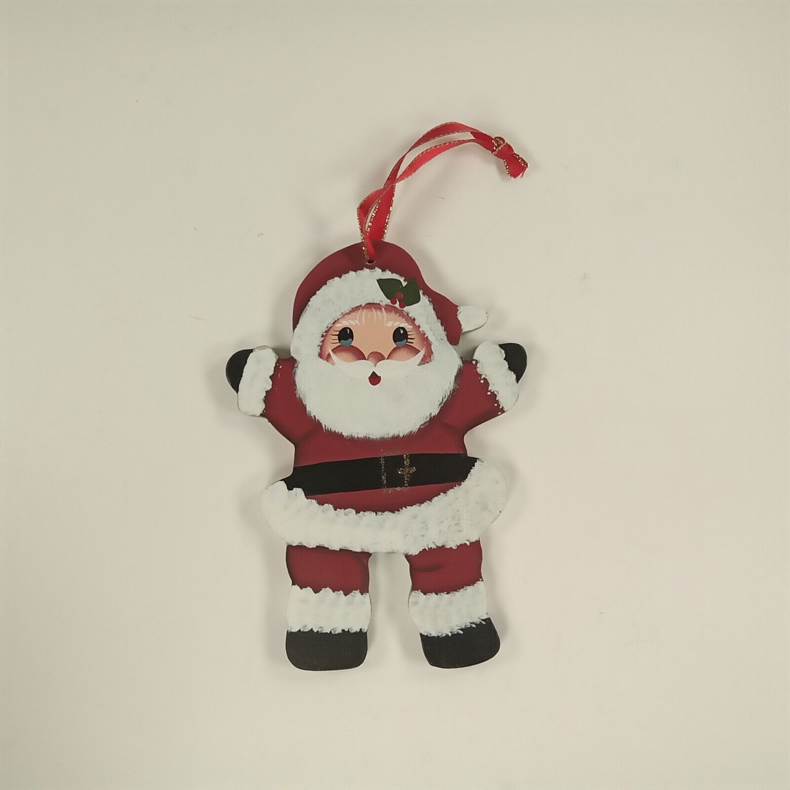 Cute Cartoon Happy Santa Wooden Painted Christmas Ornament w/ Ribbon Hanger - $4.00