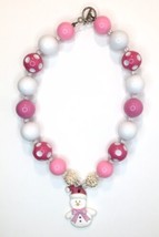 Vintage Kid&#39;s Holiday Christmas Necklace Pink &amp; White Beads Snowman Pendant - £11.09 GBP