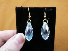 (EE505-5) faceted clear white crystal teardrop dangle gold tone wire earrings - £12.50 GBP