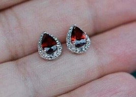2.50Ct Simulated Garnet Halo Stud Earrings 14K White Gold Plated Silver - £79.11 GBP