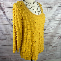 Slinky Brand Ruffle Top Womens M 3/4 Sleeve Scoop Neck Stretch Mustard Yellow - £14.07 GBP